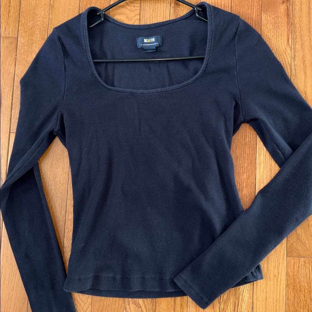 Anthropologie Maeve Black Ribbed Long Sleeve Basic Top Size Large - Picture 2 of 4